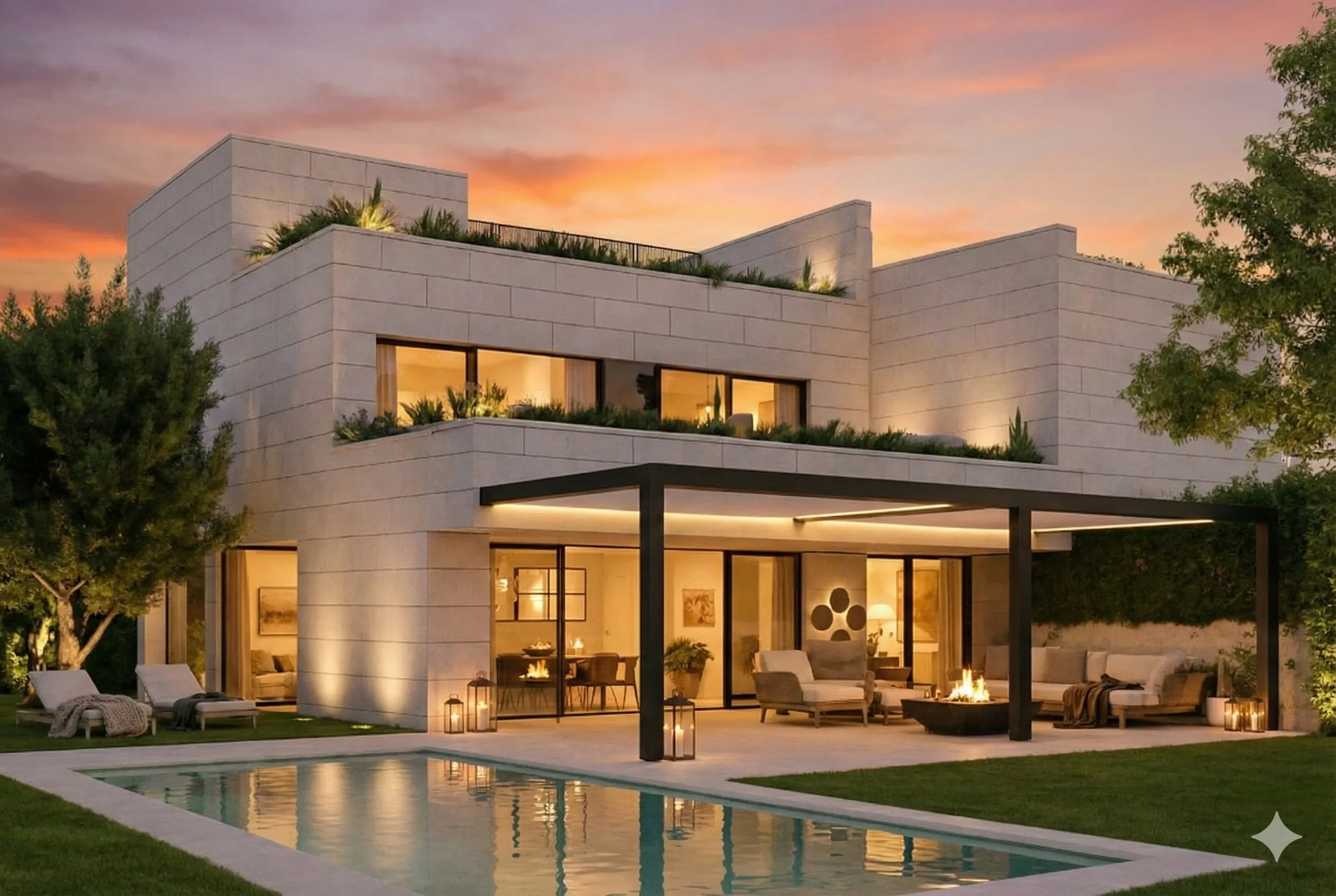 Vista de la piscina al atardecer