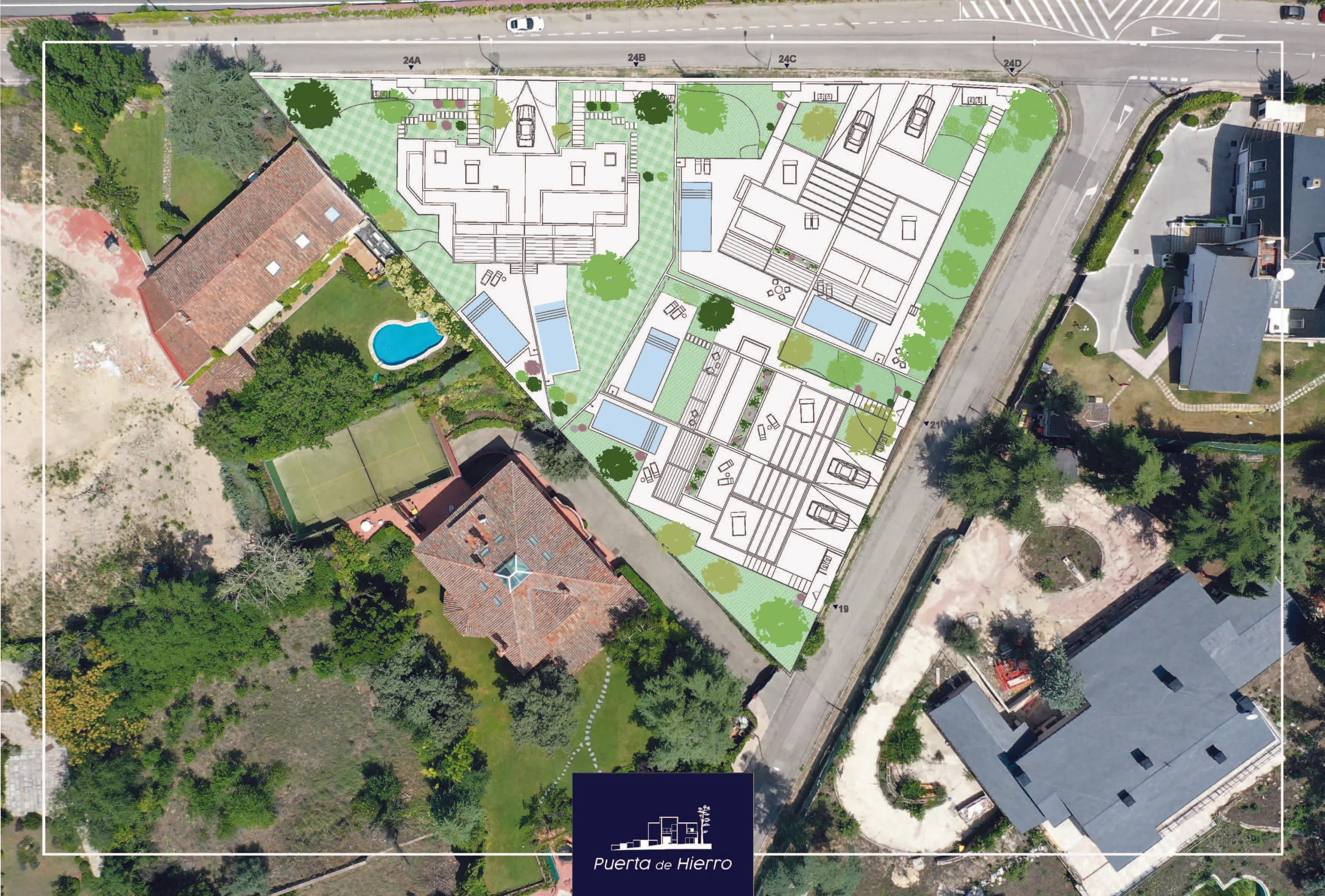 Vista aérea de las 6 viviendas de CLEMENT Puerta de Hierro con planos superpuestos sobre mapa satélite